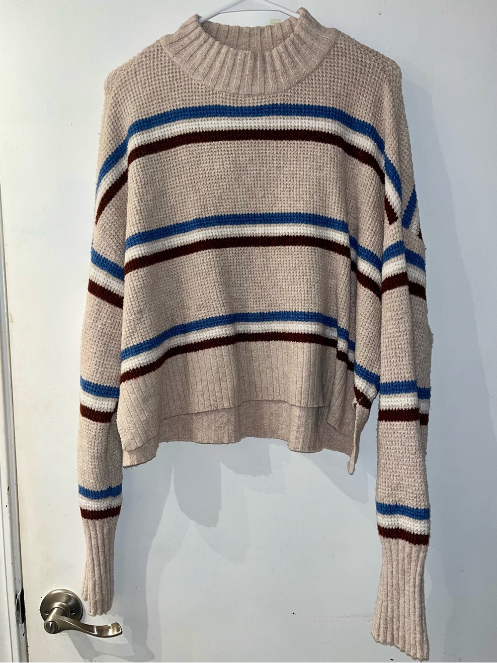 Arizona Jean Company Beige Striped Mock Neck Sweater with Blue & Brown Stripes
